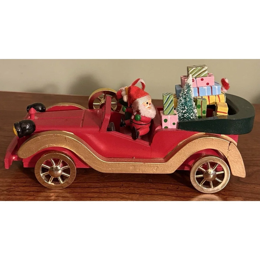 Vintage Montgomery‎ Ward Hand Painted Wooden Santa Claus Driving Red Car Musical